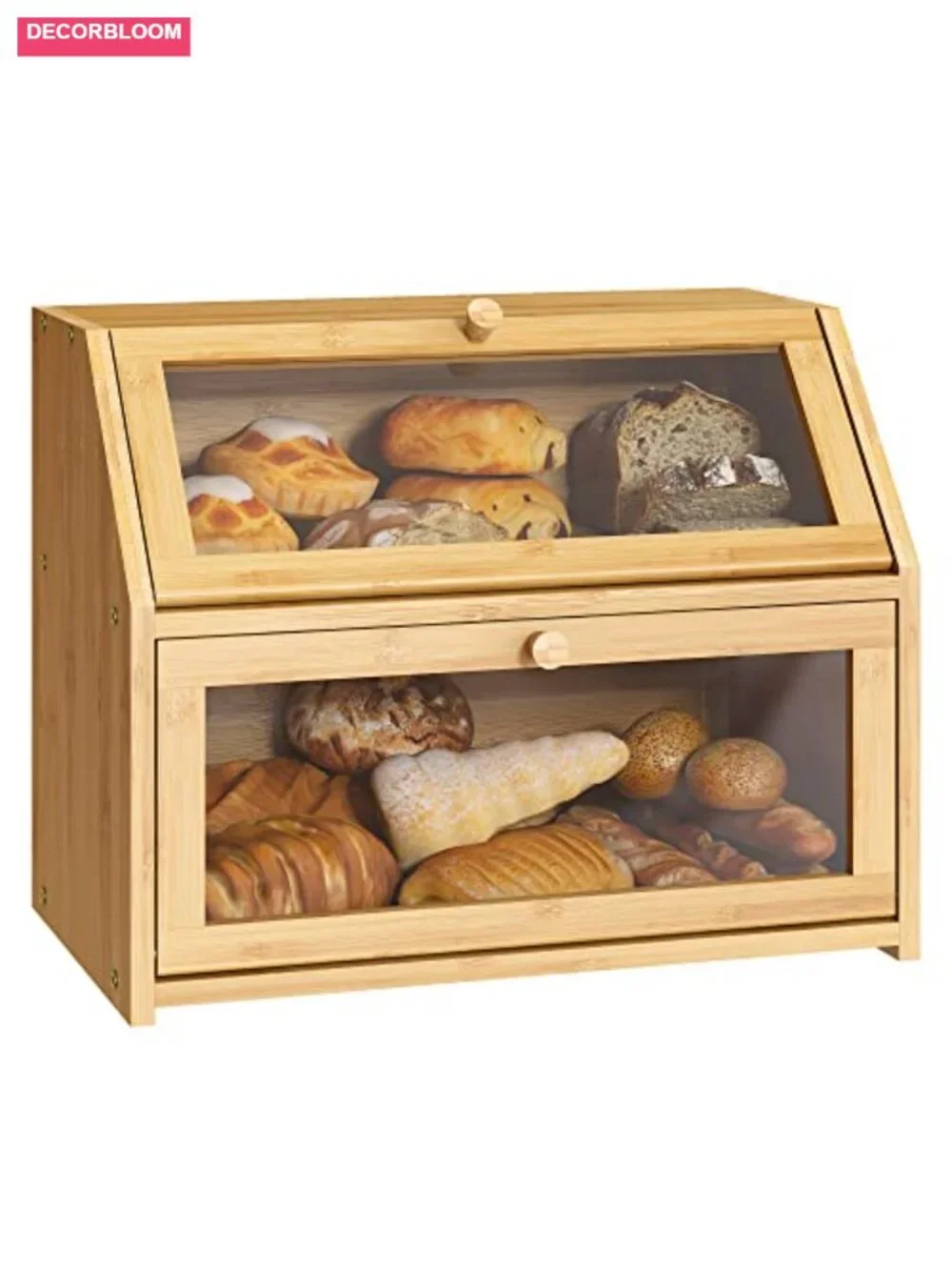 Double Layer Bamboo Wood Bread Box for Kitchen Countertop Storage